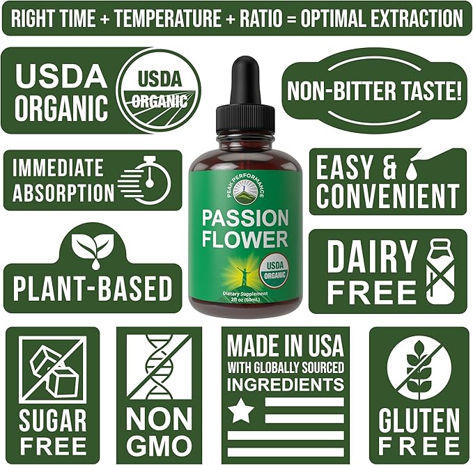 USDA Organic Passion Flower Extract Vegan Liquid Drops with High Bioavailability for Women and Men. Organic Passionflower Supplement with Zero Sugar and Gluten Free. for Calm Relaxation Support.