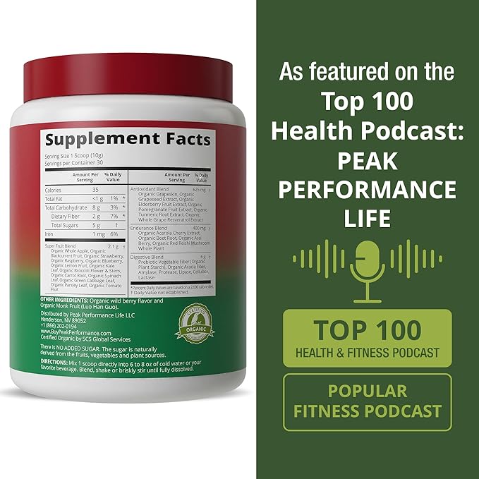 Peak Performance Organic Reds Superfood Powder Best Tasting Red Juice Super Food w/ 25+ All Natural Ingredients &amp Polyphenols Vital for Max Energy and Detox - Raspberry Elderberry Beetroot