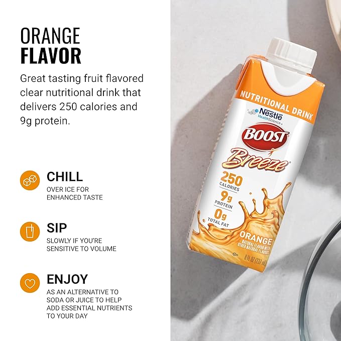 BOOST Breeze Clear Nutritional Drink - 250 Calories - 19 Vitamins &amp Minerals - 9 g Protein – Fortified Clear with Vitamin A &amp Zinc - Orange Flavor - 8 fl oz (Pack of 24)