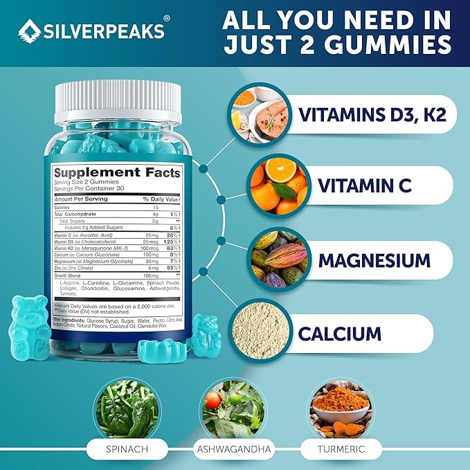 SILVERPEAKS Height Growth Gummies for Kids Teens &amp Adults - Height Growth Maximizer Supplement with Calcium Vitamins D3 &amp K2 Magnesium Zinc for Bone Strength &amp Height Increase - 60 Gum