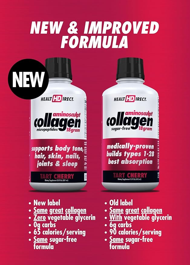 HEALTH DIRECT AminoSculpt Sugar-Free Collagen Supplement - High Potency Medical-Grade Protein for Hair Skin Nails &amp Joints Grass-Fed Non-GMO Liquid Collagen - Tart Cherry - 30 Fl Oz