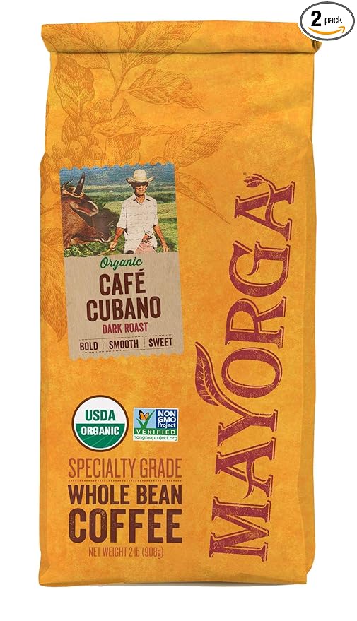 Mayorga Organics Café Cubano Dark Roast Whole Bean Coffee 2lbs Bag Specialty-Grade 100% USDA Organic Non-GMO Verified Direct Trade Kosher - PACK OF 2