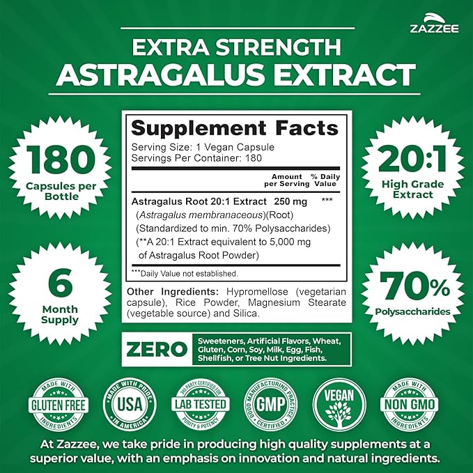 Zazzee Extra Strength Astragalus Root 20:1 Extract 70% Polysaccharides 180 Vegan Capsules 6 Month Supply Astragalus Membranaceus Immune System Support Non-GMO Herbal Supplement Made in the USA
