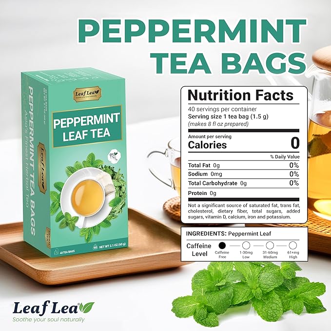 LeafLea 80 Premium Peppermint Tea Bags 100% Natural Peppermint Leaf Tea Te de Menta for Soothing Throat &amp Refreshing Breath Light and Smooth Flavor Caffeine-Free Sugar-Free Individually Wrap