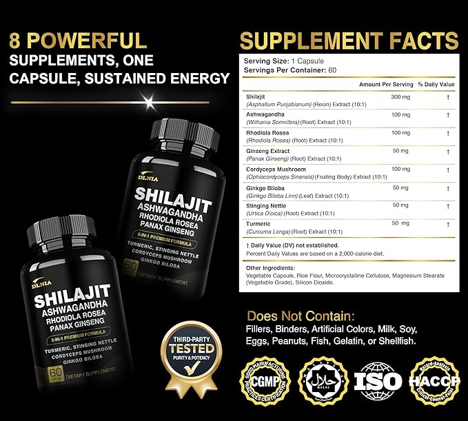 8-in-1 Shilajit for Men &amp Women with Ashwaganda Himalayan Organic Supplement with Rhodiola Rosea Ginseng Turmeric Mushroom for Immune Support Energy Calm Focus Clarity Sleep Cortisol