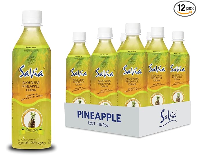 Savia - Pineapple Aloe Vera Drink Quality Aloe-Based Beverage Made with Real Aloe Pulp &amp Natural Delicious &amp Refreshing Vegetarian Gluten-Free Fat-Free (16.9oz 12-Pack)