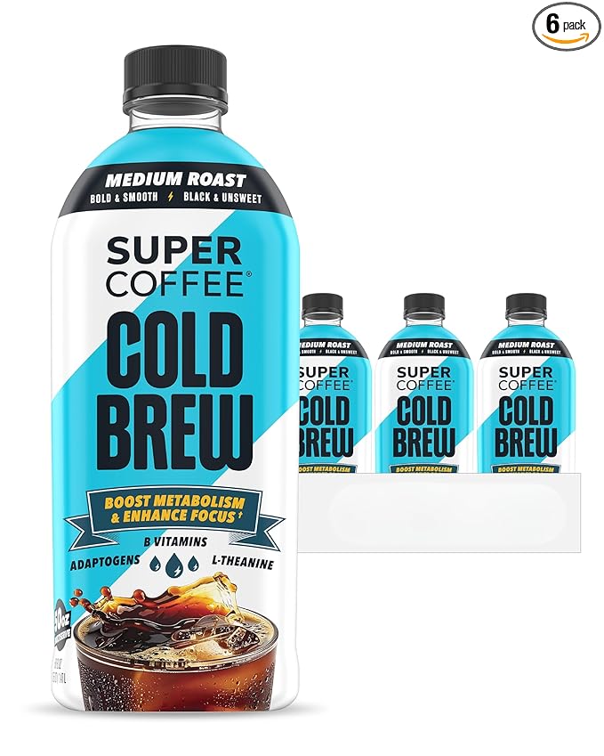 SUPER COFFEE Cold Brew Iced Keto Coffee (0g Added Sugar 25 Calories) 50 Fl Oz 6 Pack | Smart Coffee Drinks - SoyFree GlutenFree (Medium Roast)