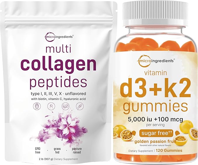 Micro Ingredients Vitamin D3 K2 Gummies &amp 8-in-1 Multi Collagen | Bundle | Sugar-Free Passion Fruit Flavor | 5000 IU D3 + 100 mcg K2 MK-7 | Hydrolyzed Peptides + Biotin Hyaluronic Acid &amp Vit