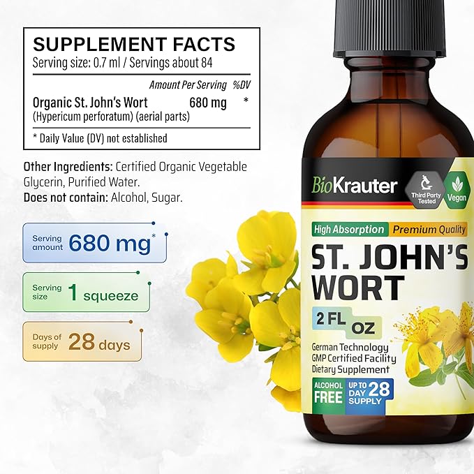 BIO KRAUTER® St Johns Wort for Calm &amp Mood Support - Vegan St. John's Wort for Relaxation &amp Emotional Wellness Support - Calm Drops 2 Fl.Oz. 28-Day Supply Alcohol &amp Sugar Free Herbal Sup
