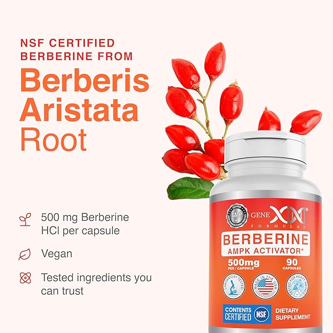 Genex Formulas Berberine HCl 500mg (90 Capsules) - NSF Certified for Safety Quality &amp Label Accuracy - Supports Immune Health - Non-GMO Gluten Free Vegetarian