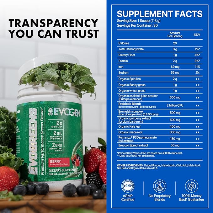 Evogen Evogreens - Super Greens Powder | Promotes Recovery Wellness &amp Immune Health | Greens Superfood Powder with Spirulina Probiotics Pomanox Pomegranate Extract | Berry | 30 Servings
