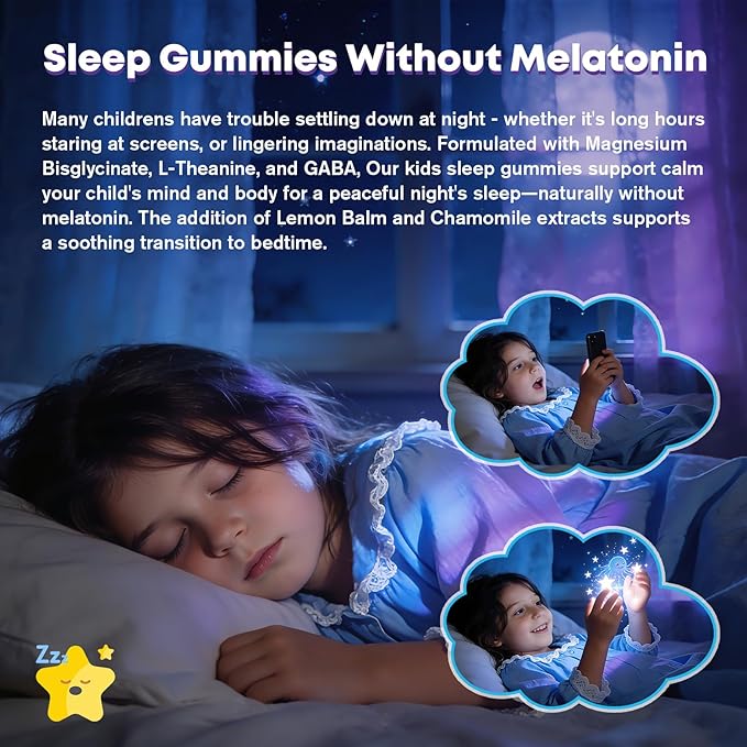 Kids Sleep Gummies Magnesium Bisglycinate 100/200 mg + 200/400 mg Calcium Citrate for Kids 4+ w/L-Theanine B6 Zinc D3K2 &amp GABA Lemon Balm Chamomile Extract for Zzz &amp Relax Bone Muscle