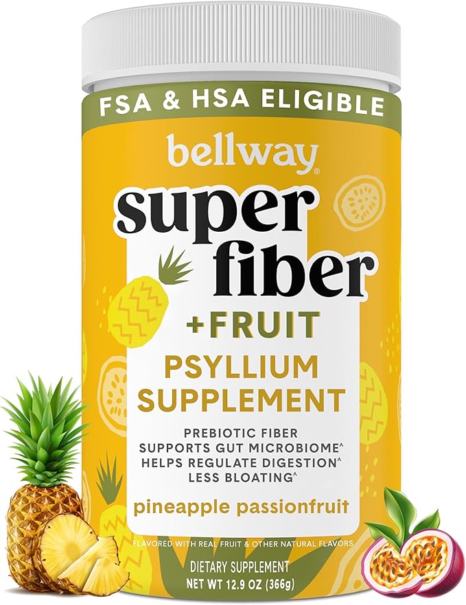 Bellway Super Fiber Powder + Fruit Sugar Free Organic Psyllium Husk Powder Fiber Supplement for Regularity Bloating Relief &amp Digestive Health Plant-Based Pineapple Passion Fruit (50 Servings)