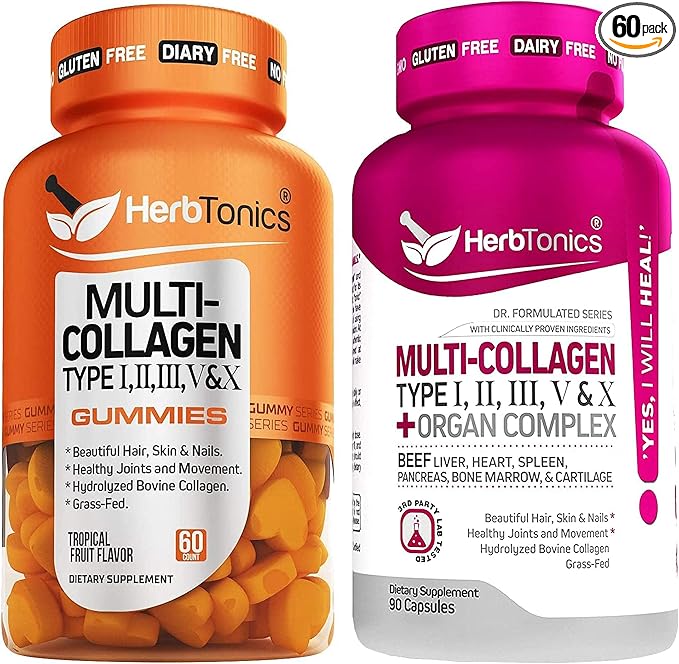 Herbtonics Multi Collagen Gummies with Multi Collagen Capsules Types I II III V &amp X Protein Peptides and Organ Complex Bundle