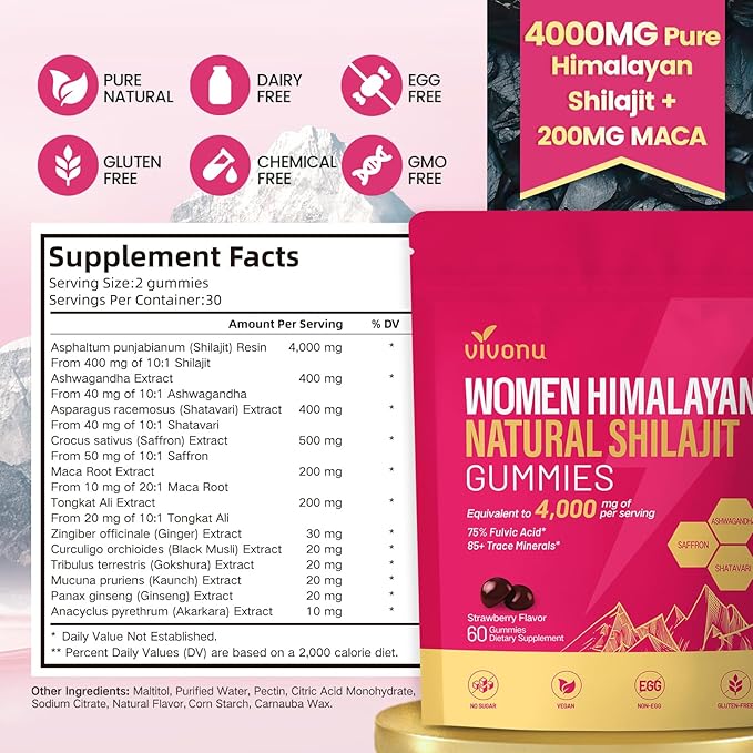 Shilajit for Women Gummies micronutrient Supplement Pure Himalayan Shilajitn Contains Tongkat Ali Ashwagandhaa Turmeric Saffron for hormonal Balance &amp Energy | Strawberry Flavor (60 Gummies)