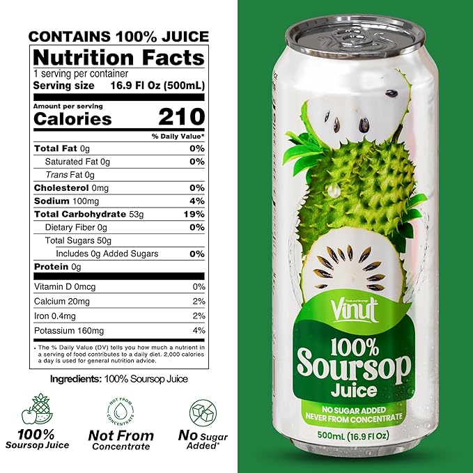 VINUT 100% Soursop Juice No Added Sugar Not From Concentrate 16.9 fl oz (500 mL) Can Pack of 6