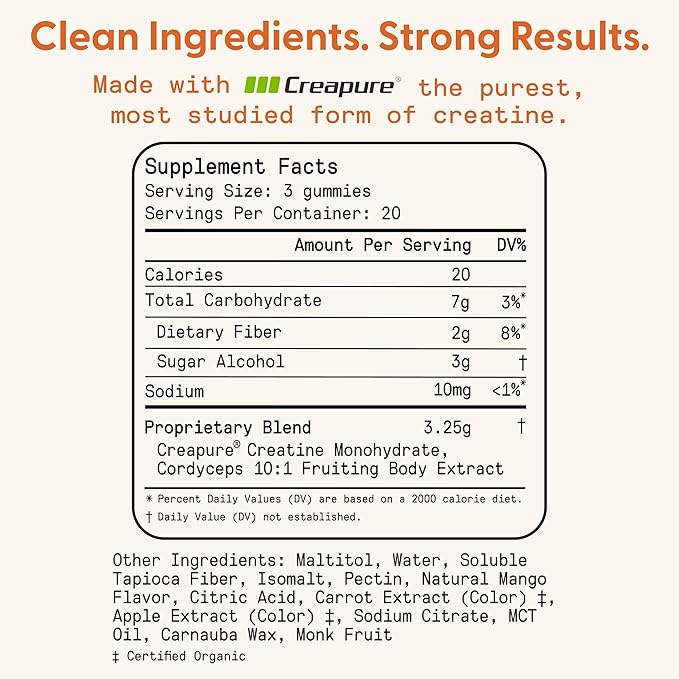 SuperMush Daily Creatine Gummies with Cordyceps - Daily Superfood - Sugar Free Creatine Monohydrate Supplement for Strength Focus and Recovery – Vegan Gummy Formula Mango Flavor 20-Day Supply