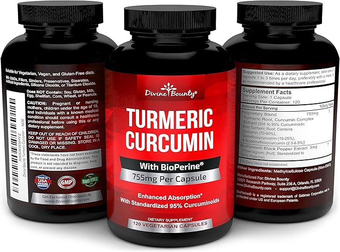 Turmeric Curcumin with BioPerine Black Pepper Extract - 755mg per Capsule 120 Veg. Capsules - GMO Free Tumeric Standardized to 95% Curcuminoids for Maximum Potency