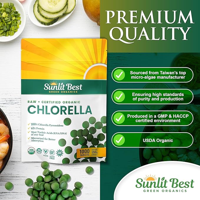 Sunlit Best USDA Organic Premium Chlorella Tablets 1000 Count | 100% Pure Chlorella Superfood Supplement High in Protein Chlorophyll Vitamins &amp Minerals | Supports Good Health Wellbeing