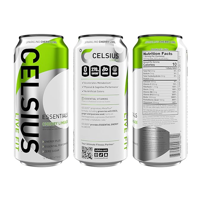 CELSIUS ESSENTIALS Sparkling Cherry Limeade Performance Energy Drink 16 Fl Oz (Pack of 12)