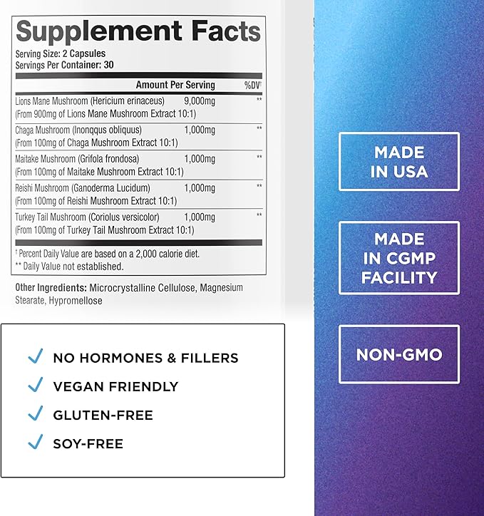 DR. EMIL NUTRITION 9000mg Organic Lions Mane Supplement Capsules with Chaga Reishi &amp Maitake - Natural Mushroom Blend for Wellness Support