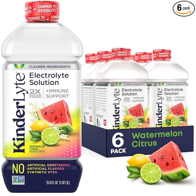 KinderLyte Electrolyte Solution for Kids and Adults - Hydration Drink Watermelon Citrus (33.8 Fl Oz 6 Pack) No Artificial Sweeteners or Flavors No Synthetic Dyes Vegan Non-GMO Gluten-Free