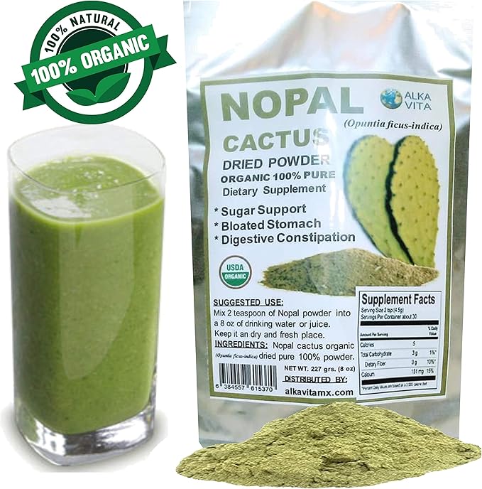 Nopal Cactus Organic 100% Pure Dried Powder Vegan Nutritional Food for Healthy Digestion 1/2 Lb. Bag