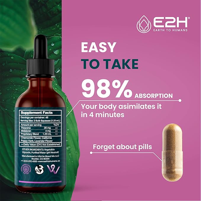 E2H Natural Sleep Support - Liquid Melatonin with Chamomile Theanine - Sleep Better Deeper Longer - Vegan GMO-Free - Provides Stress Relief - 2 Fl Oz