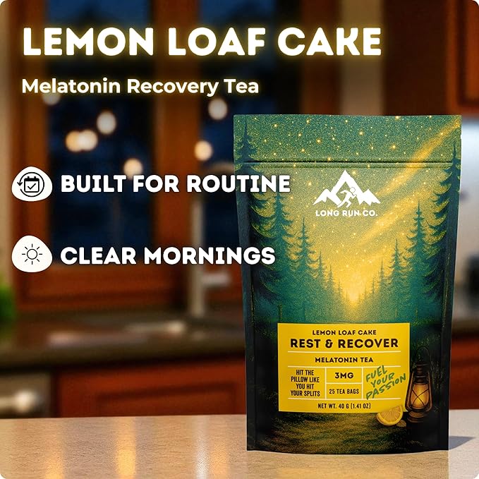 Rest &amp  Recover Sleep Tea by Long Run Co. – Caffeine‑Free Herbal Tea with Melatonin (25 Tea Bags) – All Natural Better Sleep &amp Recovery Wake Up Refreshed [6mg Melatonin Lemon Loaf Cake]