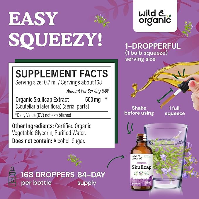 Wild &amp Organic Skullcap Herb Tincture - Skullcap Supplement for Mood Support - Relaxing Liquid Extract Drops - Vegan Sugar &amp Alcohol-Free - 4 fl oz