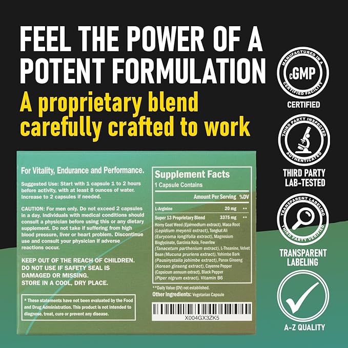 Super 13 Fast Acting Herbal Male Supplement for Men. 13 Potent Ingredients - Horny Goat Weed Tongkat Ali Maca &amp More for Energy Vitality Stamina Endurance and Performance Enhancer Pills 10 Caps
