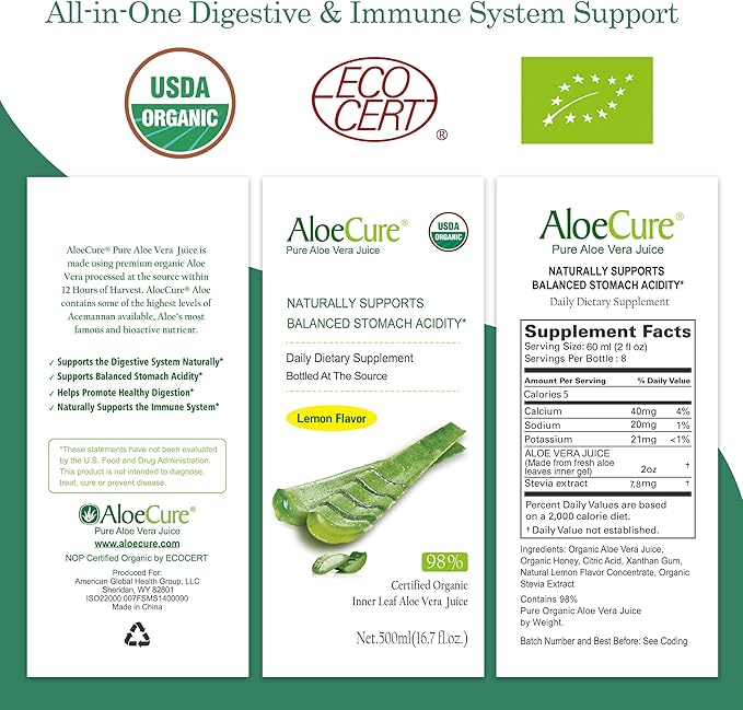 AloeCure USDA Organic Aloe Vera Juice Lemon Flavor - Made Within 12 Hours of Harvest - Natural Digestive Supplement for Balanced Stomach Acidity - Support Digestive and Immune Health 4 Btls x 16.7oz