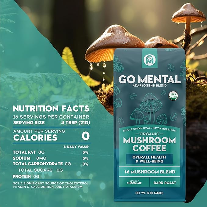 Organic 14 Mushroom Coffee Blend Dark Roast Organic Lion's Mane Chaga Red Reishi and more Chocolate Notes Enhances Overall Health Immune Support And Wellbeing Ground 12 oz Bag