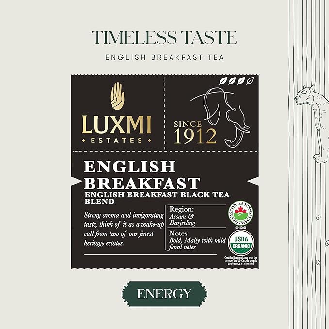 Luxmi Estates English Breakfast Tea 250g Loose Leaf Tin | A Tale of Two Estates | Certified Organic Black Tea leaf | Smooth Flavorful Robust Caffeinated | Darjeeling &amp Assam Tea from India | 12