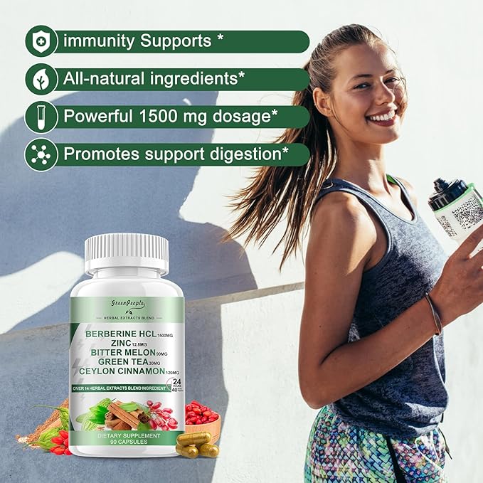 GREENPEOPLE Berberine Supplement with Ceylon Cinnamon - Berberine 1500mg Activates AMPK &amp GLP-1 Berberine HCL Capsules with Bitter Melon/Artichoke Extracts &amp Natural Herbs for Immune Support 9