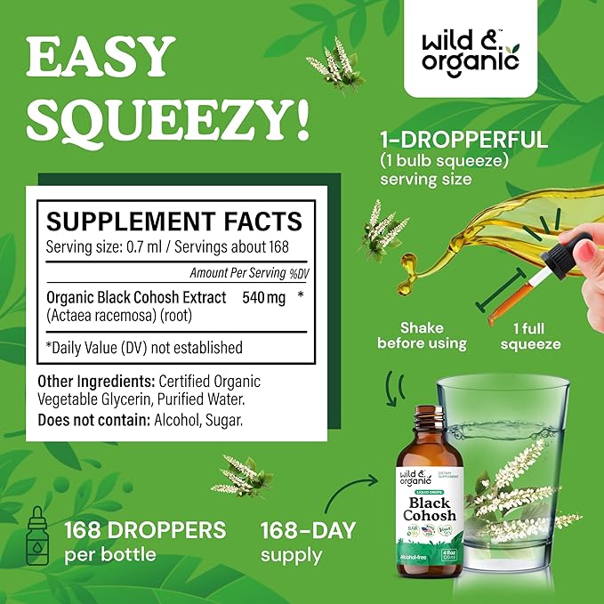 Wild &amp Organic Black Cohosh Supplements - Menopause Supplements for Women - 540 mg Black Cohosh Root Extract Tincture - Add to Tea Drops - 5-Month Supply - Vegan Sugar &amp Alcohol-Free - 4 fl o