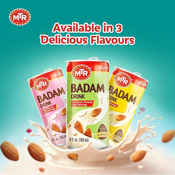 MTR Badam Drink - Cardamom Flavored Ready-to-Drink - Authentic Indian Almond Milk Beverage Real Bits of Almond No Added Preservatives Gluten-Free Refreshing Drink Perfect for Anytime Refreshment