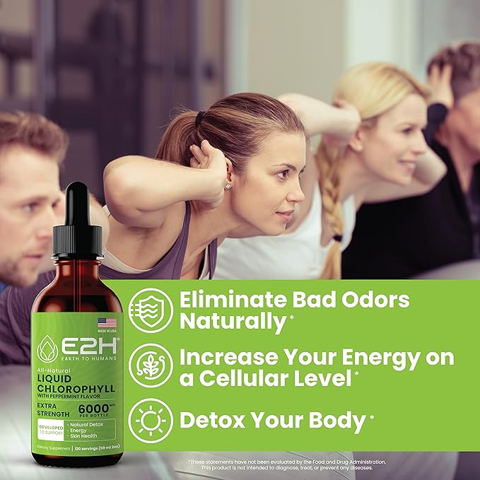 E2H Chlorophyll Liquid Drops - Natural Energy Booster Immune System Support and Internal Deodorant - Peppermint Flavor - (3 Bottles)
