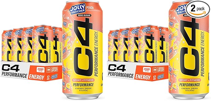 Cellucor C4 Performance Energy Drink | JOLLY RANCHER Peach | Zero Sugar Carbonated Preworkout Energy | 200mg Caffeine with Beta Alanine | 16 Fl Oz (24 Pack)
