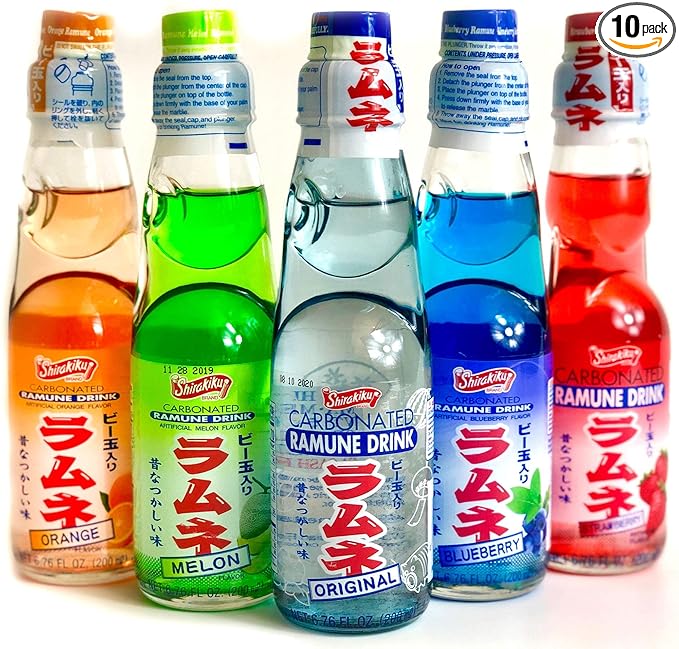 Ramune Japanese Soda Variety Pack - Shirakiku Multiple Flavors - Japanese Drink Gift Box (5 Count) Pack of 10