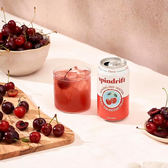 Spindrift Sparkling Water Cherry Flavored Made with Real Squeezed Fruit 12 Fl Oz Cans Pack of 24 (Only 21 Calories per Can)