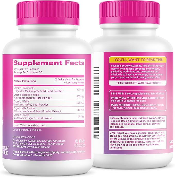 Pink Stork Total Lactation Supplement for Breast Milk Supply Organic Fenugreek and Alfalfa to Support Breastfeeding Milk Flow and Production Postpartum Essentials - 60 Capsules