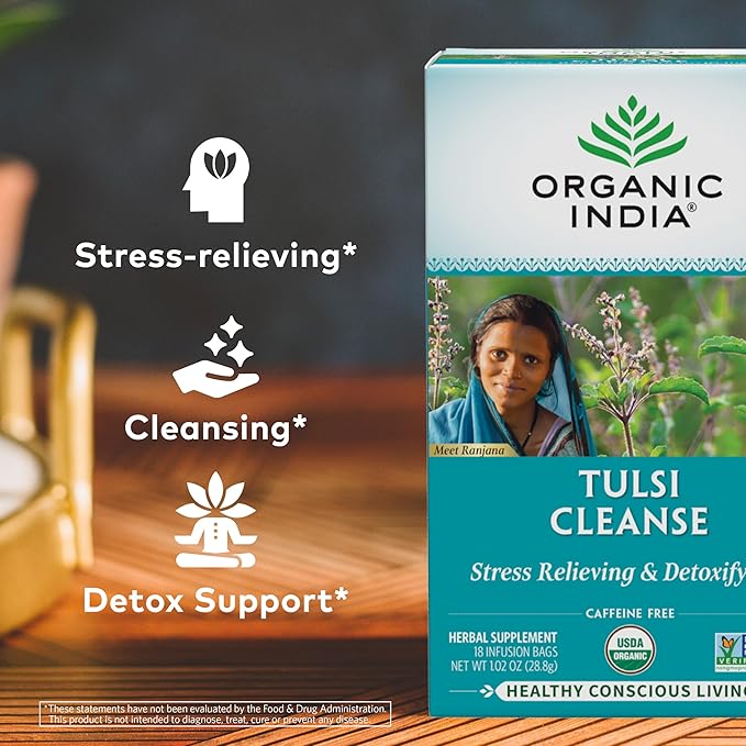 Organic India Tulsi Cleanse Detox Tea - Holy Basil Ginger Turmeric Herbal Tea Stress Relieving &amp Cleansing Immune Support Adaptogen Organic Non-GMO Caffeine-Free - 18 Infusion Bags 6 Pac