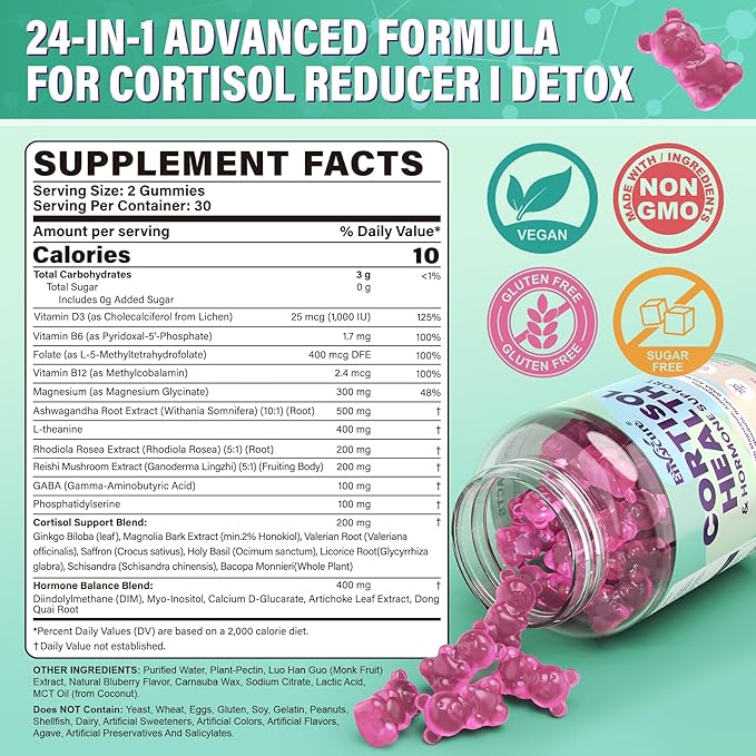 Cortisol Supplements for Women &amp Men Cortisol Reducer Gummies w/ Magnesium Ashwagandha L-Theanine Rhodiola Reishi 24 IN 1 Cortisol Detox Manager for Calm Mood Focus &amp RelaxationVegan