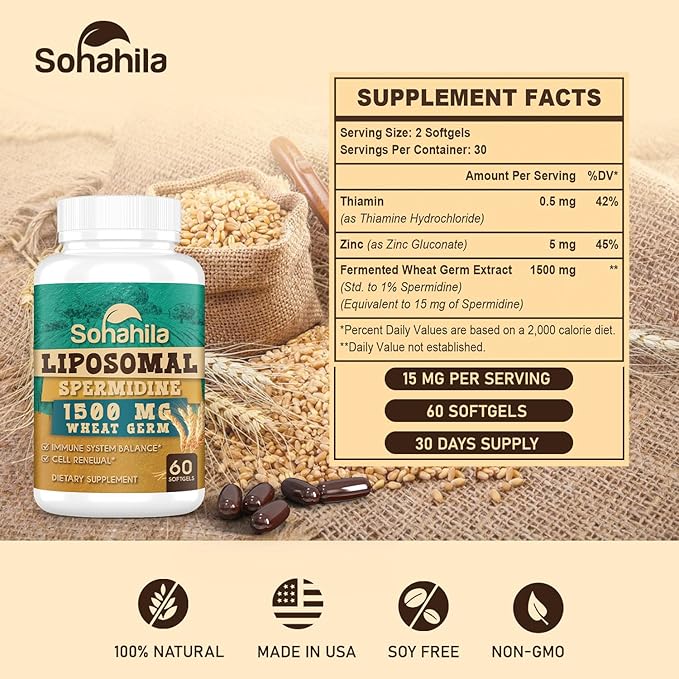 Spermidine Supplement 15 MG - 99% Purity High Absorption 1500 MG Fermented Wheat Germ Extract with Zinc &amp Thiamin Spermidine for Men &amp Women - Cellular Renewal Aging Defense Energy 120 S