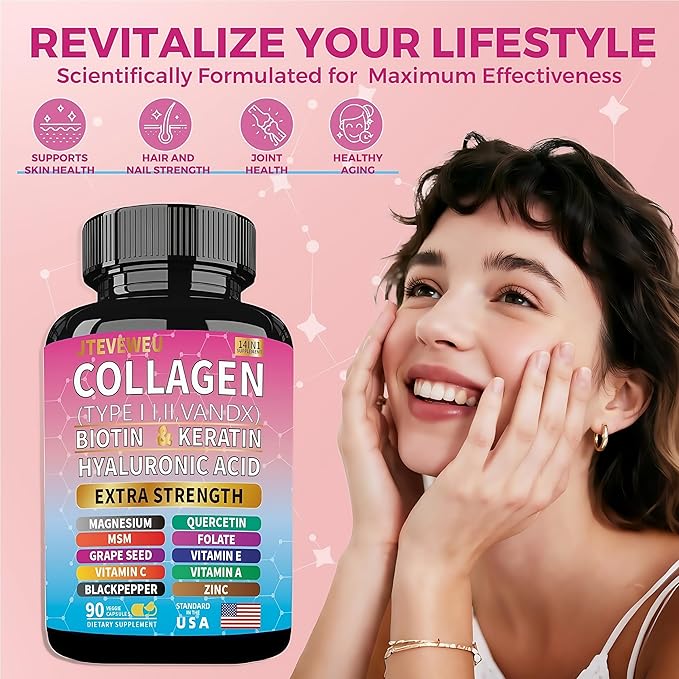 Collagen Supplement - Type I II III V and X - with Biotin Keratin Hyaluronic Acid &amp 13+ Extra Strength Ingredients - （90 Capsules）