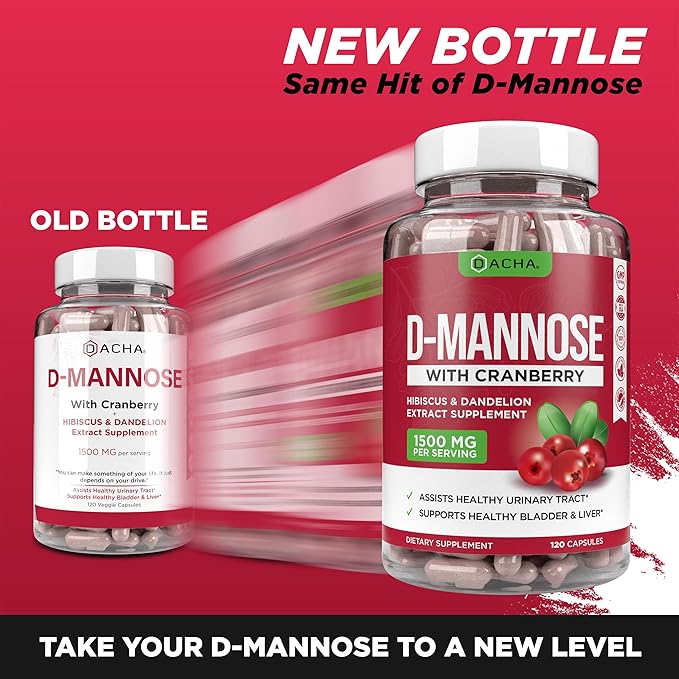 Natural D-Mannose Capsules 4-in-1 Formula - 120 CAPS 1500 MG Cranberry Dandelion Hibiscus Flower Extract Pills for Supporting Bladder and Urinary Tract Health