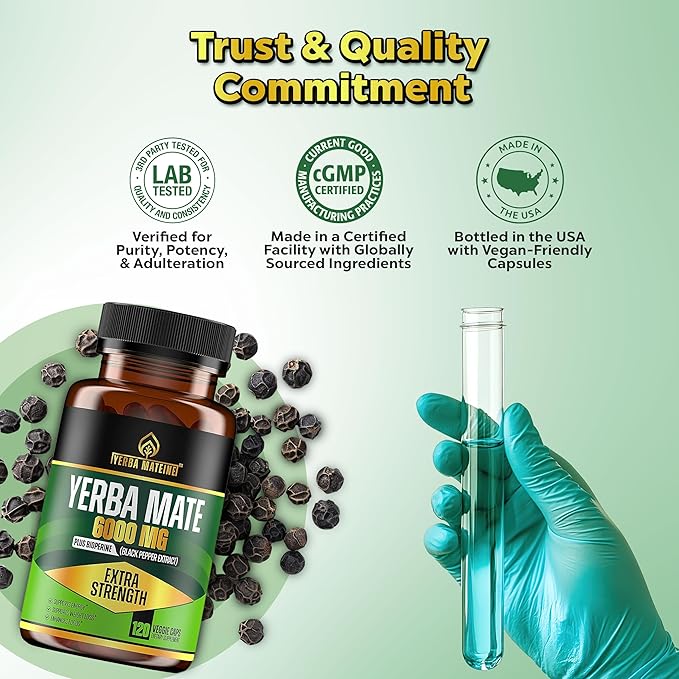 Extra Strength Yerba Mate High Potency 60mg Caffeine Per Capsule Extract Pills Supplements for Clean Natural Energy Improved Focus Concentration Nootropics Made in USA - 120 Caps