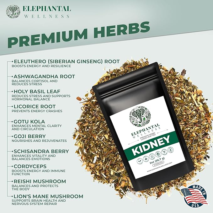 Elephantal Wellness Premium Kidney Herbal Tea | Urinary Tract &amp Kidney Support with Dandelion Gravel Root Goldenrod &amp Marshmallow | Handmade Caffeine-Free Non-GMO Loose Leaf Blend 2oz 20