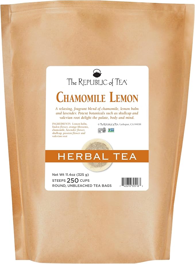 The Republic of Tea Chamomile Lemon Herbal Tea Bulk 250 Tea Bags Caffeine-Free Tea With Valerian Root